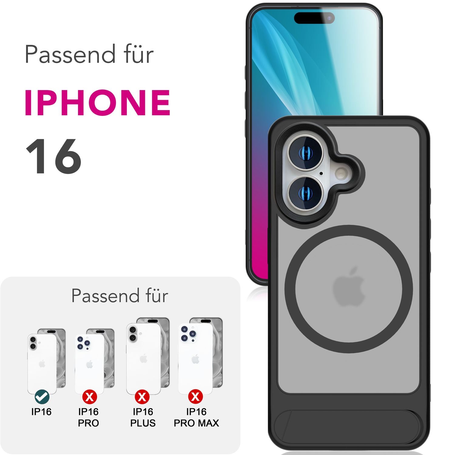 NALIA Triton für iPhone 16 Hülle [für MagSafe], Transparent Matt mit Stoßschutz, Kickstand zum Aufstellen, Integrierter Magnetring, Kamera Schutzrand, Rutschfest - Titan Schwarz Default Title NALIA Protective Hülle