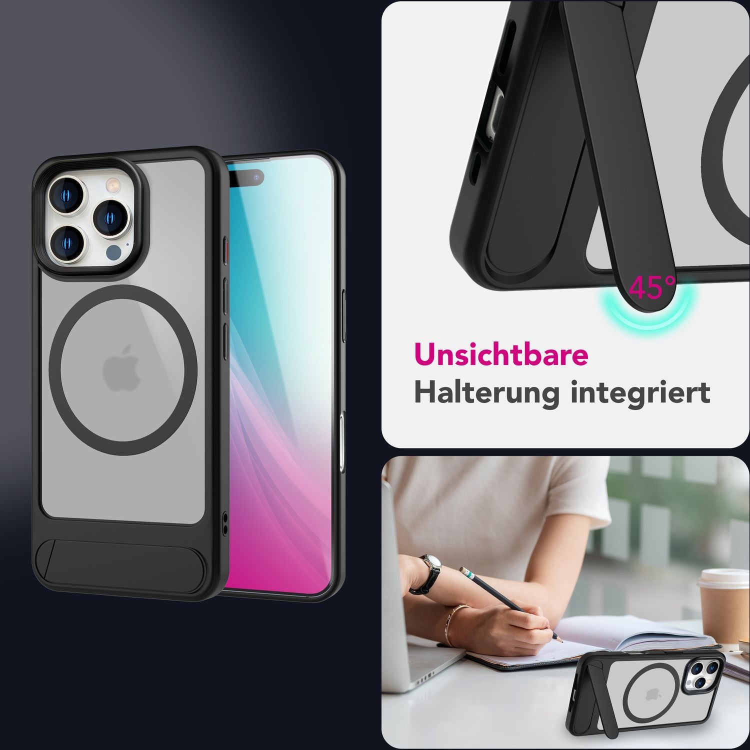 NALIA Triton für iPhone 16 Pro Max Hülle [für MagSafe], Matt Transparent, Standfuß zum Aufstellen, Magnetring integriert, Rutschfest, Stoßschutz & erhöhter Kamerarand Titan Schwarz NALIA Protective Hülle