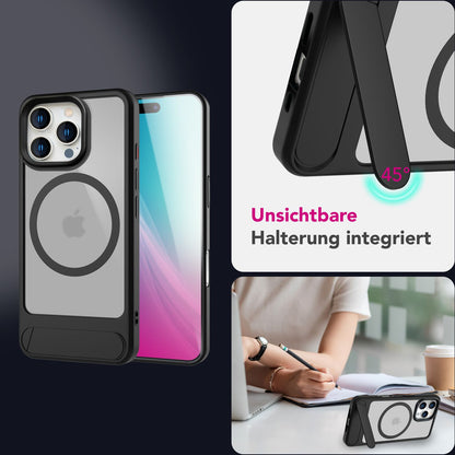 NALIA Triton für iPhone 16 Pro Max Hülle [für MagSafe], Matt Transparent, Standfuß zum Aufstellen, Magnetring integriert, Rutschfest, Stoßschutz & erhöhter Kamerarand Titan Schwarz NALIA Protective Hülle