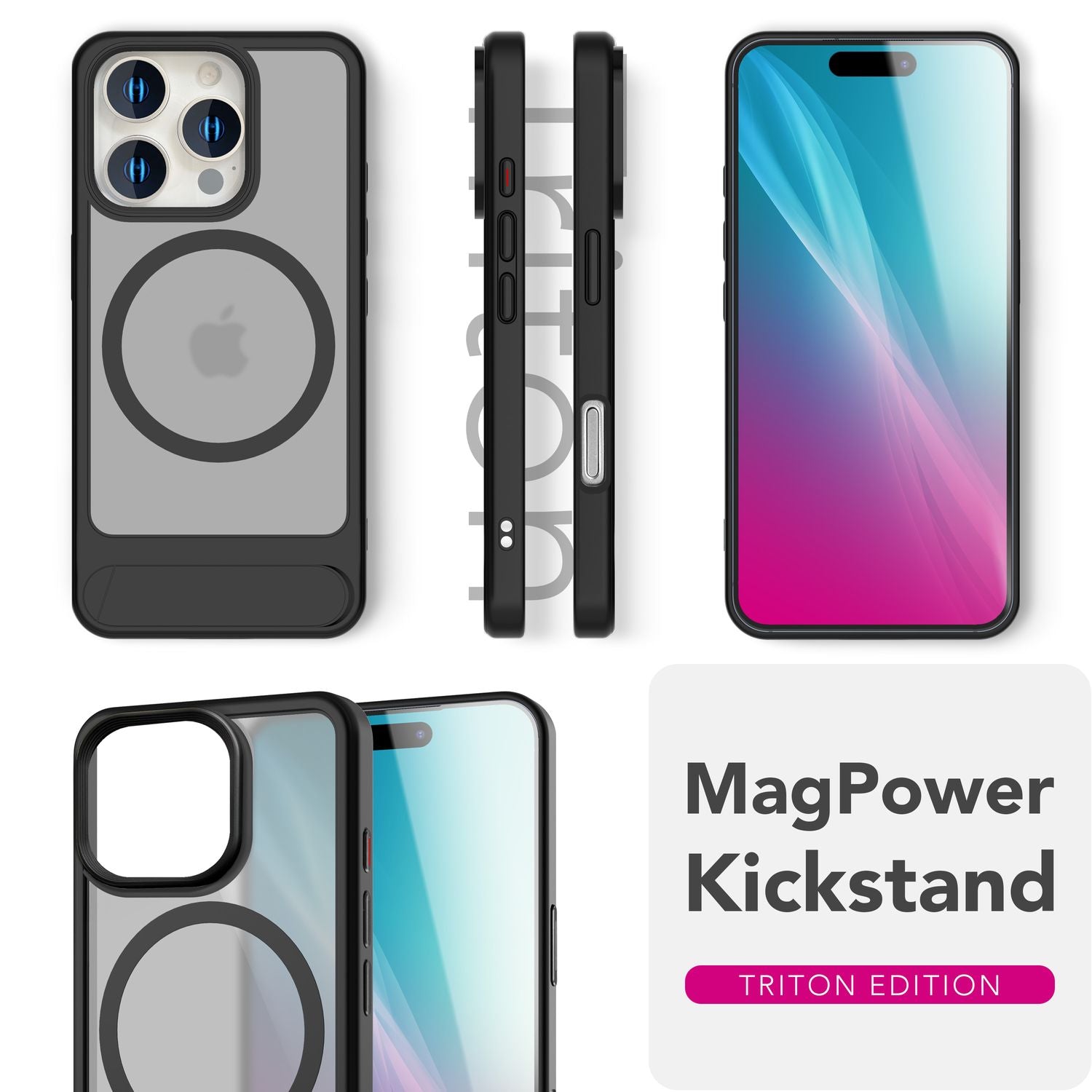 NALIA Triton für iPhone 16 Pro Max Hülle [für MagSafe], Matt Transparent, Standfuß zum Aufstellen, Magnetring integriert, Rutschfest, Stoßschutz & erhöhter Kamerarand Titan Schwarz NALIA Protective Hülle