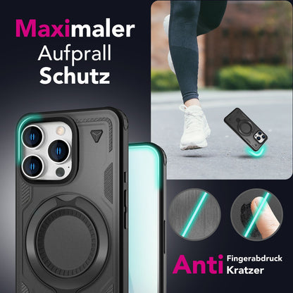 NALIA Stormguard für iPhone 16 Pro Hülle [für MagSafe], Schlagfeste Panzerhülle, 360° Ringhalter, Robust & Bruchsicher, Starker MagPower Magnet, Standfunktion Titan Schwarz NALIA Outdoor Hülle