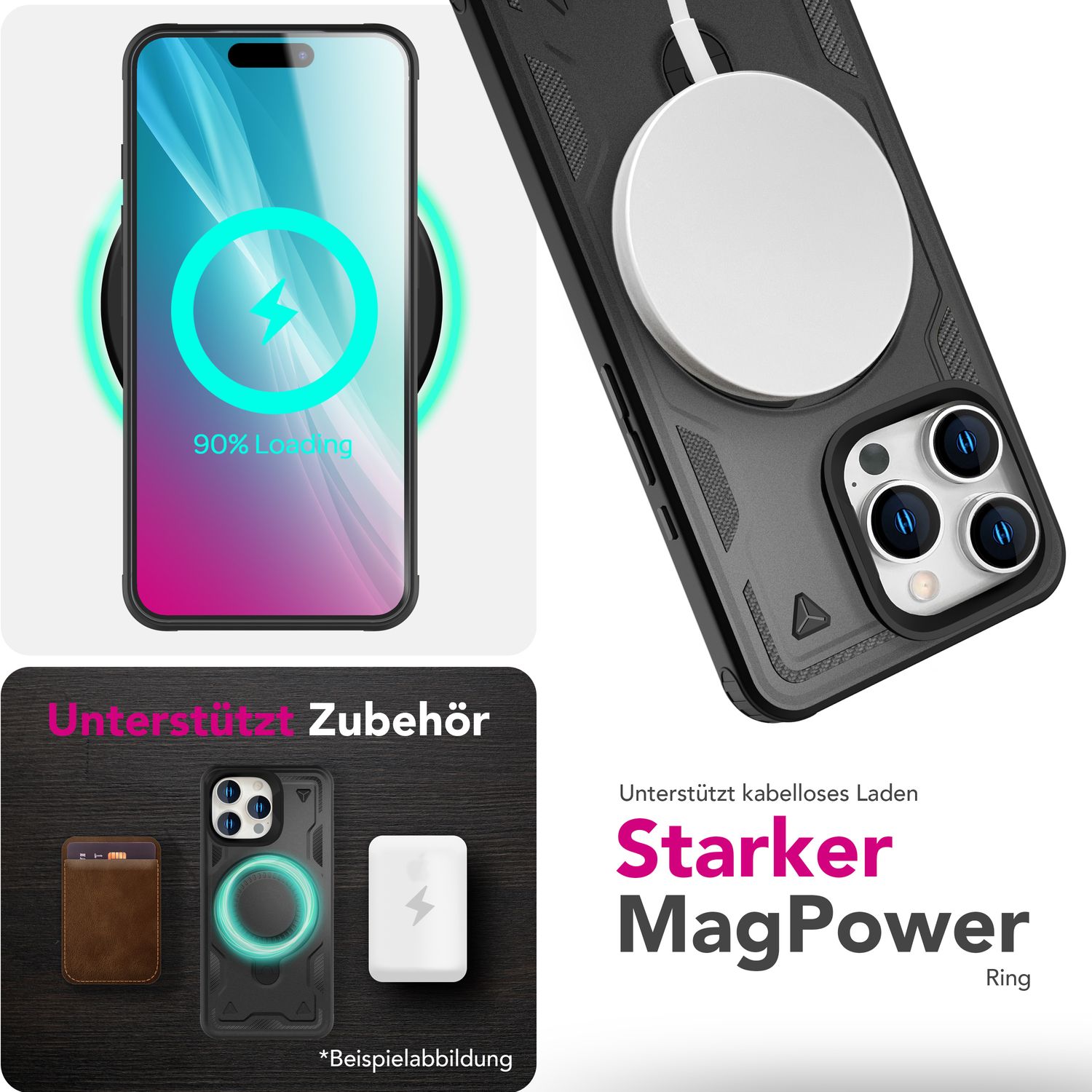 NALIA Stormguard für iPhone 16 Pro Hülle [für MagSafe], Schlagfeste Panzerhülle, 360° Ringhalter, Robust & Bruchsicher, Starker MagPower Magnet, Standfunktion Titan Schwarz NALIA Outdoor Hülle