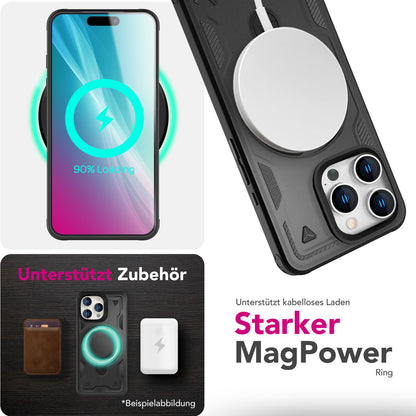 NALIA Stormguard für iPhone 16 Pro Hülle [für MagSafe], Schlagfeste Panzerhülle, 360° Ringhalter, Robust & Bruchsicher, Starker MagPower Magnet, Standfunktion Titan Schwarz NALIA Outdoor Hülle