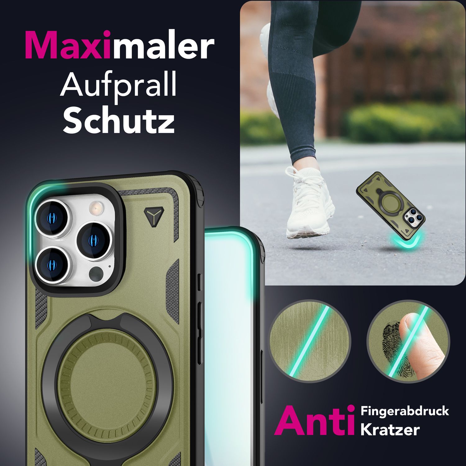 NALIA Stormguard für iPhone 16 Pro Hülle [für MagSafe], Schlagfeste Panzerhülle, 360° Ringhalter, Robust & Bruchsicher, Starker MagPower Magnet, Standfunktion Titan Grün NALIA Outdoor Hülle