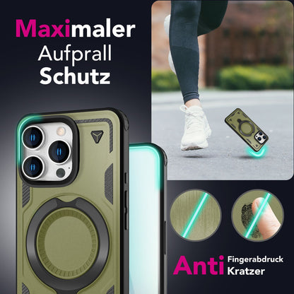 NALIA Stormguard für iPhone 16 Pro Hülle [für MagSafe], Schlagfeste Panzerhülle, 360° Ringhalter, Robust & Bruchsicher, Starker MagPower Magnet, Standfunktion Titan Grün NALIA Outdoor Hülle