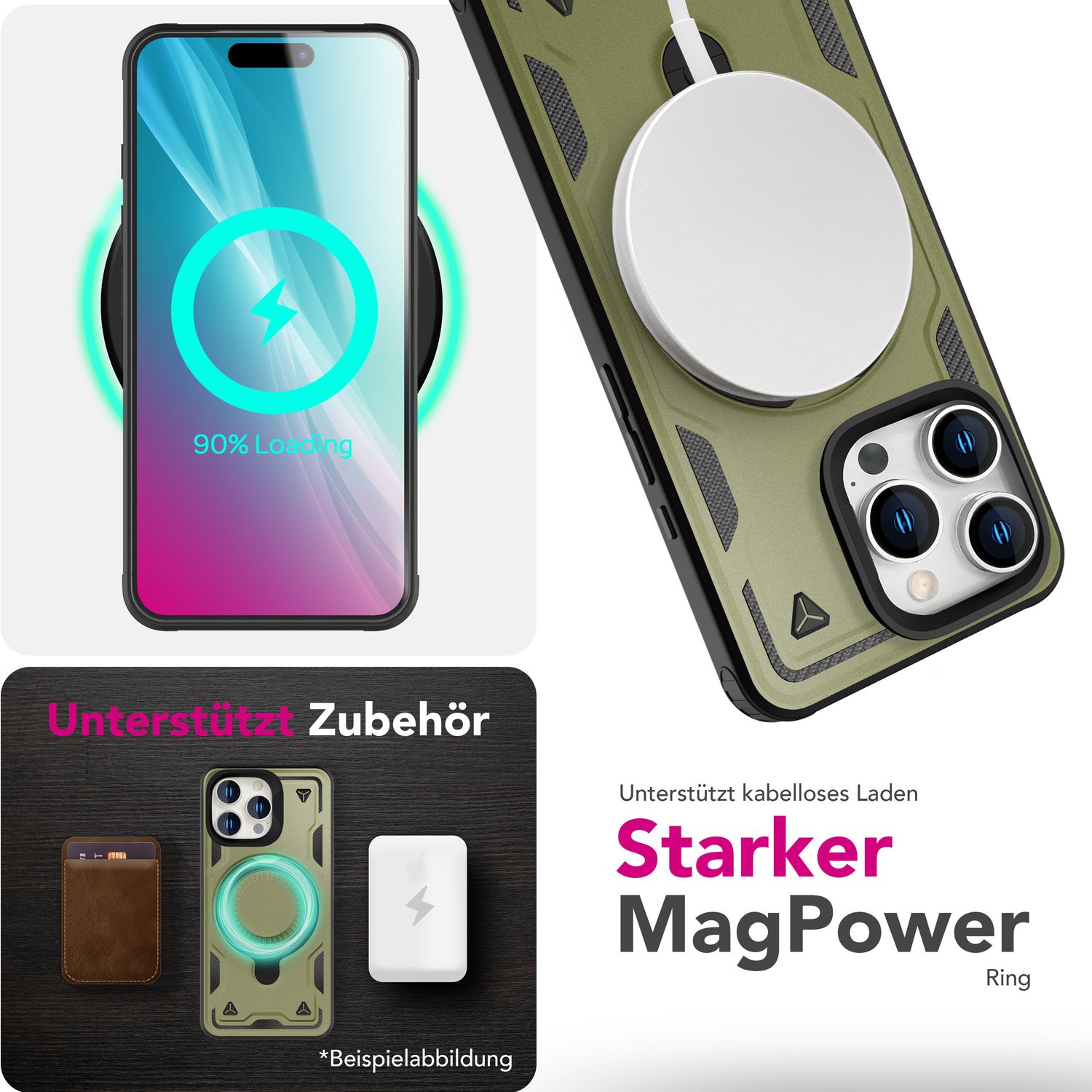 NALIA Stormguard für iPhone 16 Pro Hülle [für MagSafe], Schlagfeste Panzerhülle, 360° Ringhalter, Robust & Bruchsicher, Starker MagPower Magnet, Standfunktion Titan Grün NALIA Outdoor Hülle