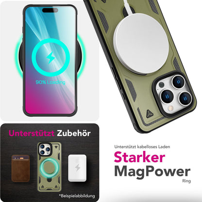 NALIA Stormguard für iPhone 16 Pro Hülle [für MagSafe], Schlagfeste Panzerhülle, 360° Ringhalter, Robust & Bruchsicher, Starker MagPower Magnet, Standfunktion Titan Grün NALIA Outdoor Hülle
