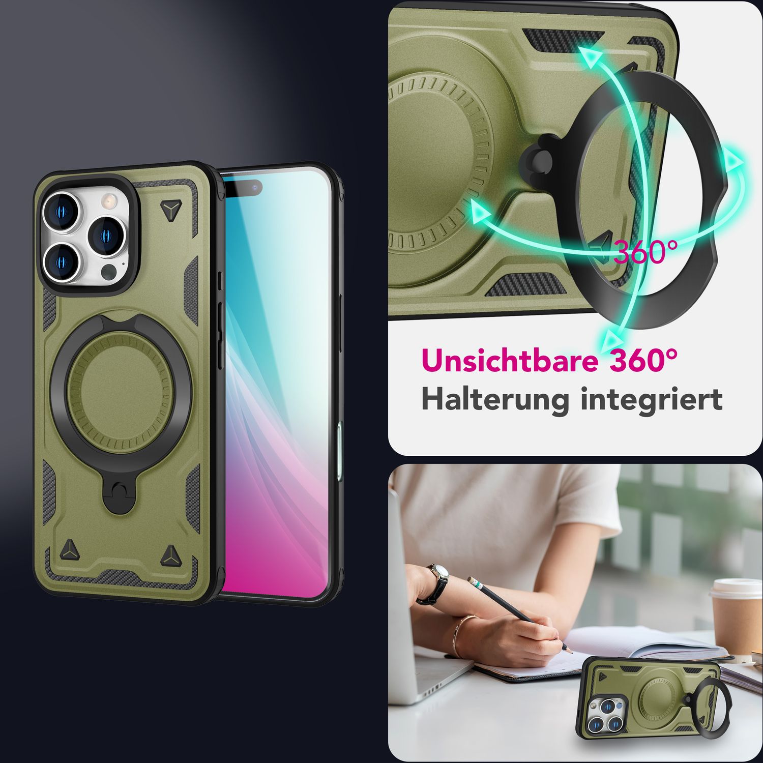 NALIA Stormguard für iPhone 16 Pro Hülle [für MagSafe], Schlagfeste Panzerhülle, 360° Ringhalter, Robust & Bruchsicher, Starker MagPower Magnet, Standfunktion Titan Grün NALIA Outdoor Hülle