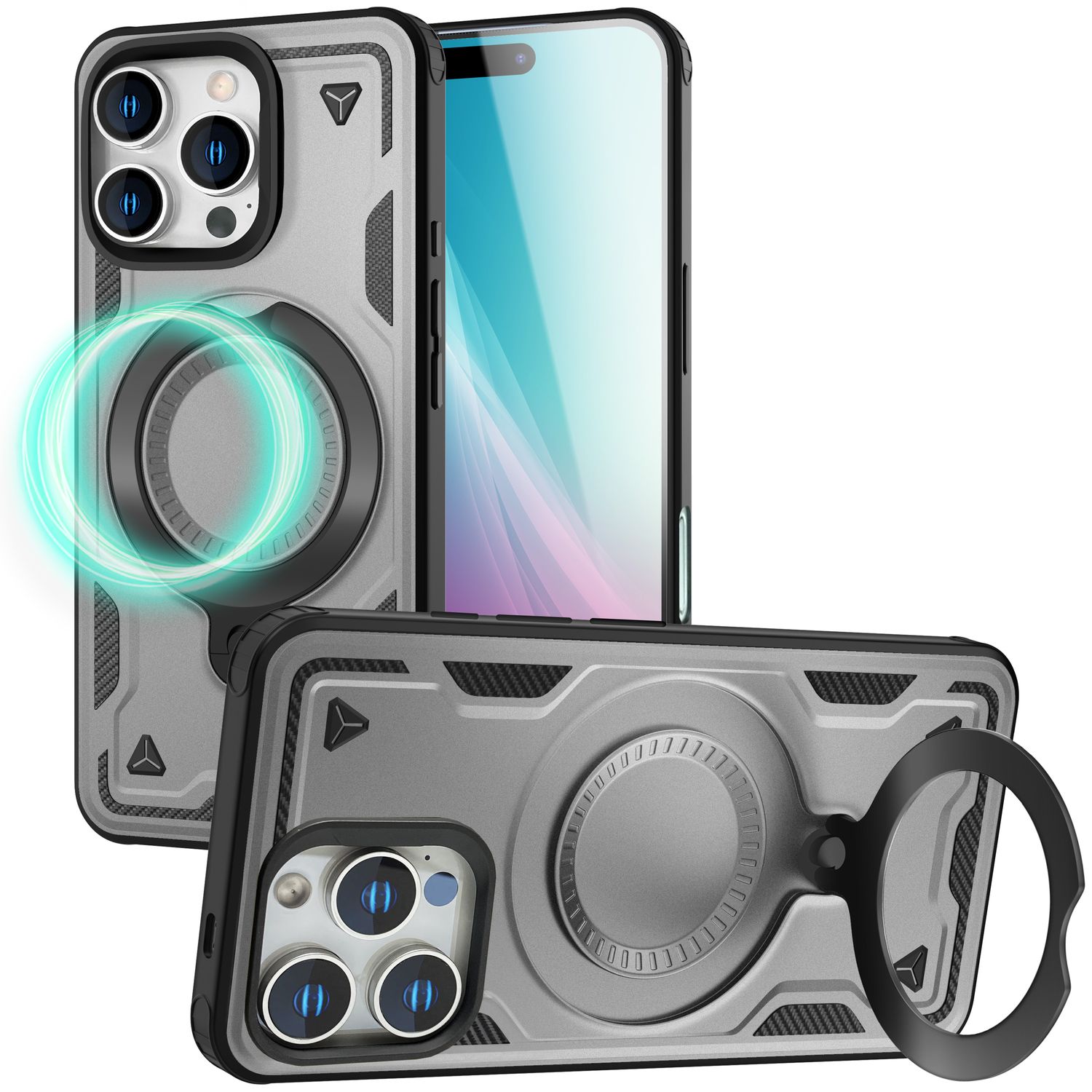 NALIA Stormguard für iPhone 16 Pro Hülle [für MagSafe], Schlagfeste Panzerhülle, 360° Ringhalter, Robust & Bruchsicher, Starker MagPower Magnet, Standfunktion Titan Grau NALIA Outdoor Hülle