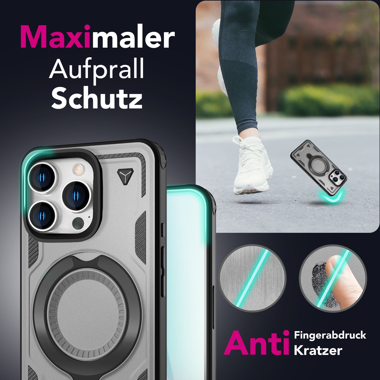NALIA Stormguard für iPhone 16 Pro Hülle [für MagSafe], Schlagfeste Panzerhülle, 360° Ringhalter, Robust & Bruchsicher, Starker MagPower Magnet, Standfunktion Titan Grau NALIA Outdoor Hülle