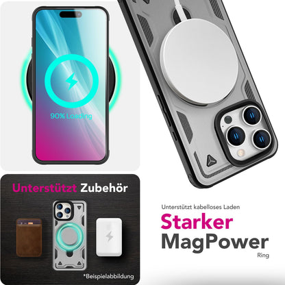 NALIA Stormguard für iPhone 16 Pro Hülle [für MagSafe], Schlagfeste Panzerhülle, 360° Ringhalter, Robust & Bruchsicher, Starker MagPower Magnet, Standfunktion Titan Grau NALIA Outdoor Hülle