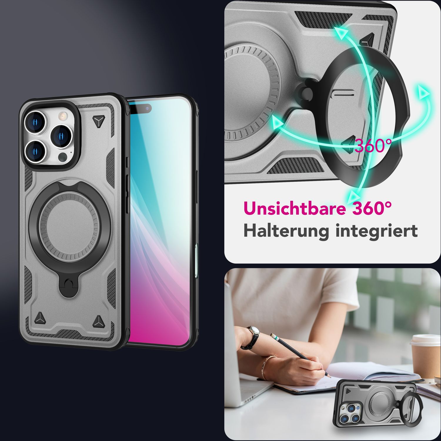 NALIA Stormguard für iPhone 16 Pro Hülle [für MagSafe], Schlagfeste Panzerhülle, 360° Ringhalter, Robust & Bruchsicher, Starker MagPower Magnet, Standfunktion Titan Grau NALIA Outdoor Hülle