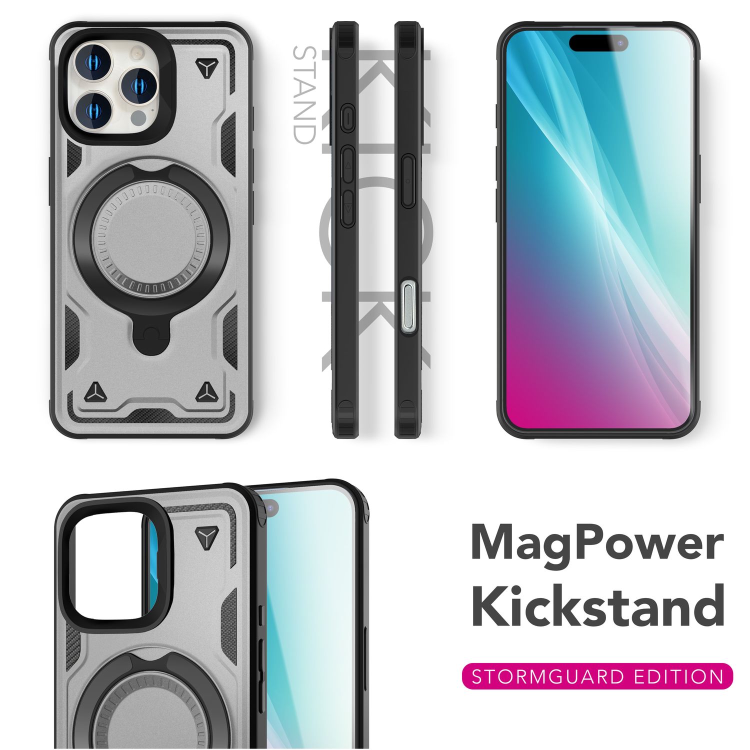 NALIA Stormguard für iPhone 16 Pro Hülle [für MagSafe], Schlagfeste Panzerhülle, 360° Ringhalter, Robust & Bruchsicher, Starker MagPower Magnet, Standfunktion Titan Grau NALIA Outdoor Hülle
