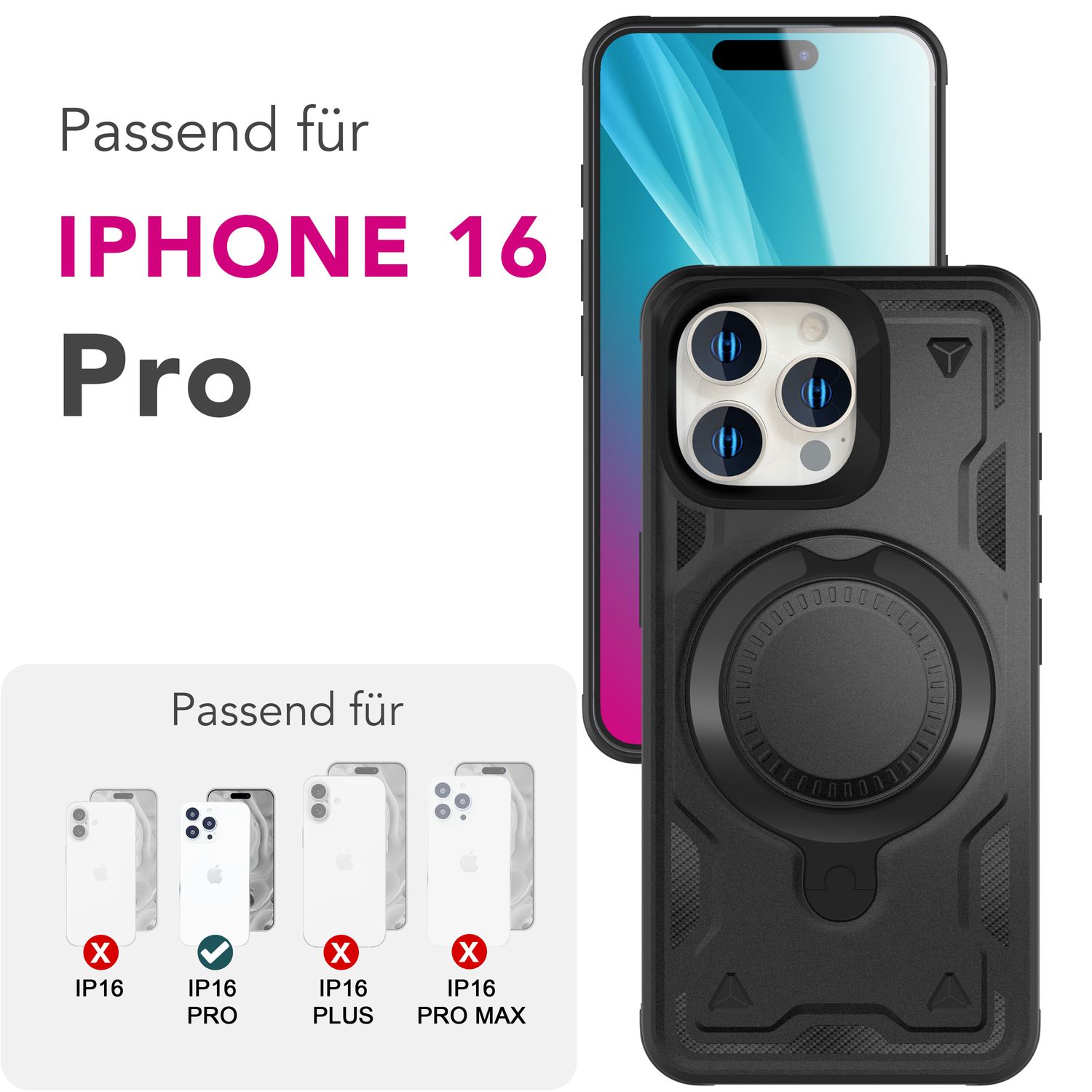 NALIA Stormguard für iPhone 16 Pro Hülle [für MagSafe], Schlagfeste Panzerhülle, 360° Ringhalter, Robust & Bruchsicher, Starker MagPower Magnet, Standfunktion Titan Schwarz NALIA Outdoor Hülle