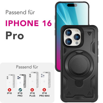 NALIA Magnetische Panzerhülle für iPhone 16 Pro – Ring-Halterung 360° & MagSafe kompatibel – STORMGUARD (Outdoor Case) – Marke aus Berlin Titan Schwarz NALIA Outdoor Hülle