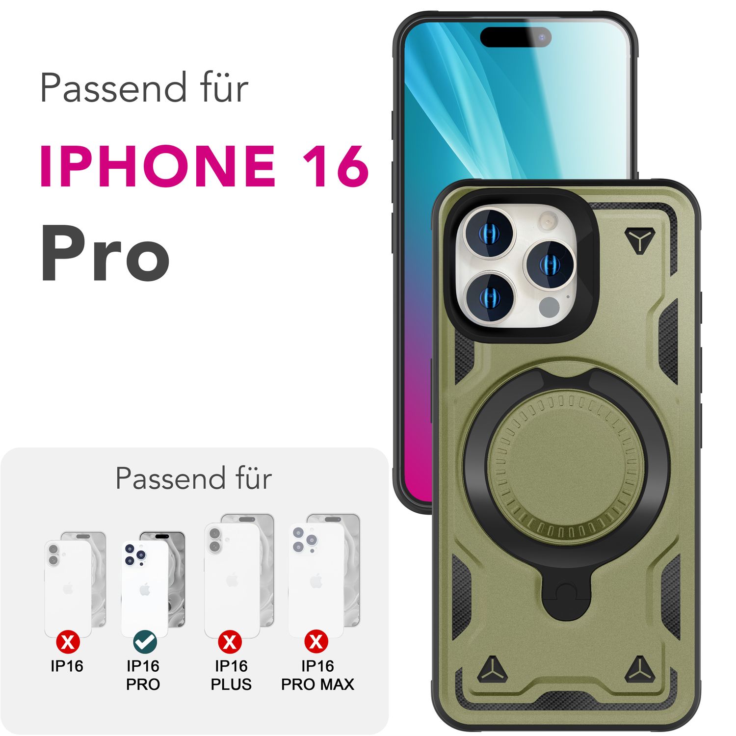 NALIA Stormguard für iPhone 16 Pro Hülle [für MagSafe], Schlagfeste Panzerhülle, 360° Ringhalter, Robust & Bruchsicher, Starker MagPower Magnet, Standfunktion Titan Grün NALIA Outdoor Hülle