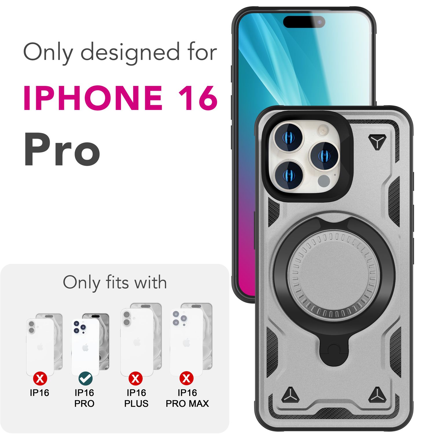 NALIA Stormguard für iPhone 16 Pro Hülle [für MagSafe], Schlagfeste Panzerhülle, 360° Ringhalter, Robust & Bruchsicher, Starker MagPower Magnet, Standfunktion Titan Grau NALIA Outdoor Hülle