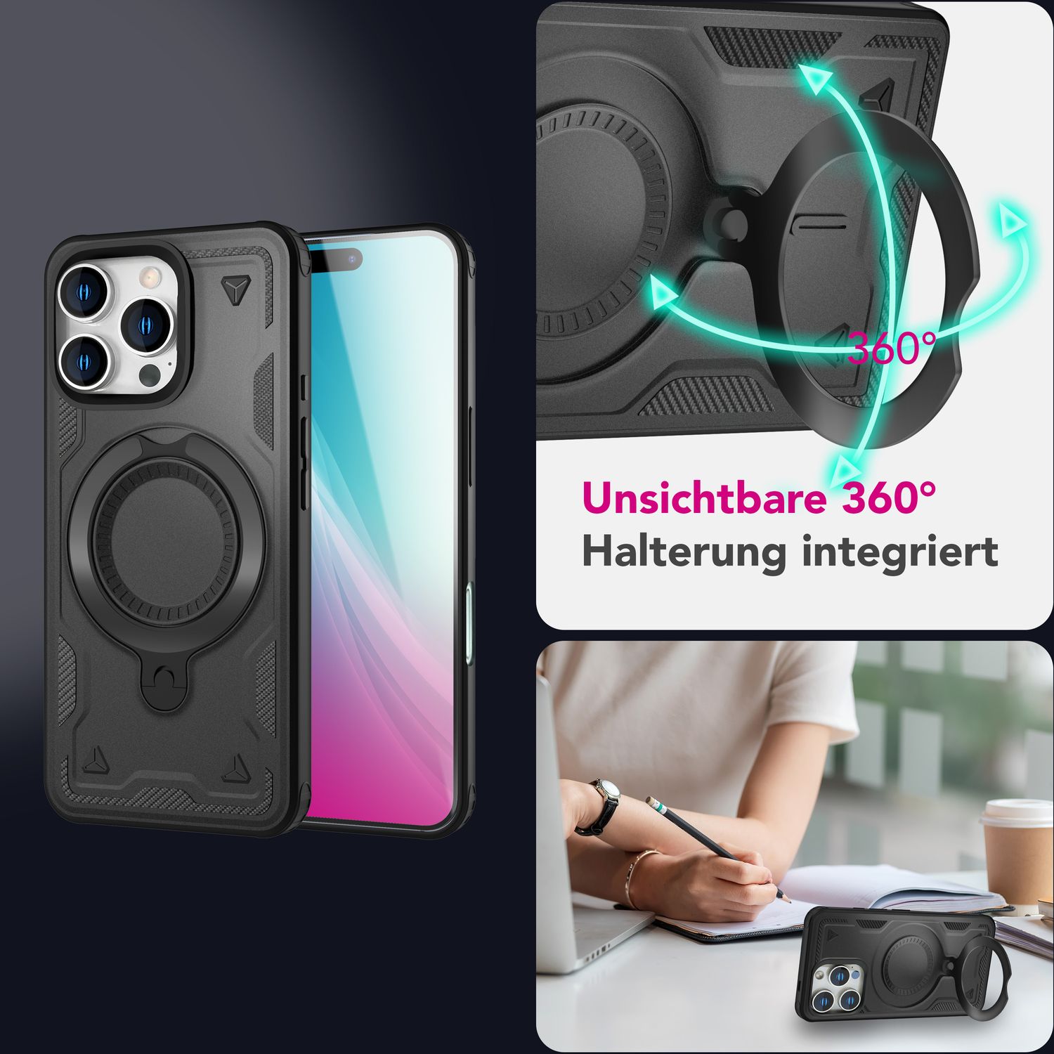 NALIA Stormguard für iPhone 16 Pro Max Hülle [für MagSafe], Stoßfestes Panzer Case, 360° Rotierbarer Ringhalter, Bruchsicher, Starker MagPower Magnet, Armor Schutz Titan Schwarz NALIA Outdoor Hülle