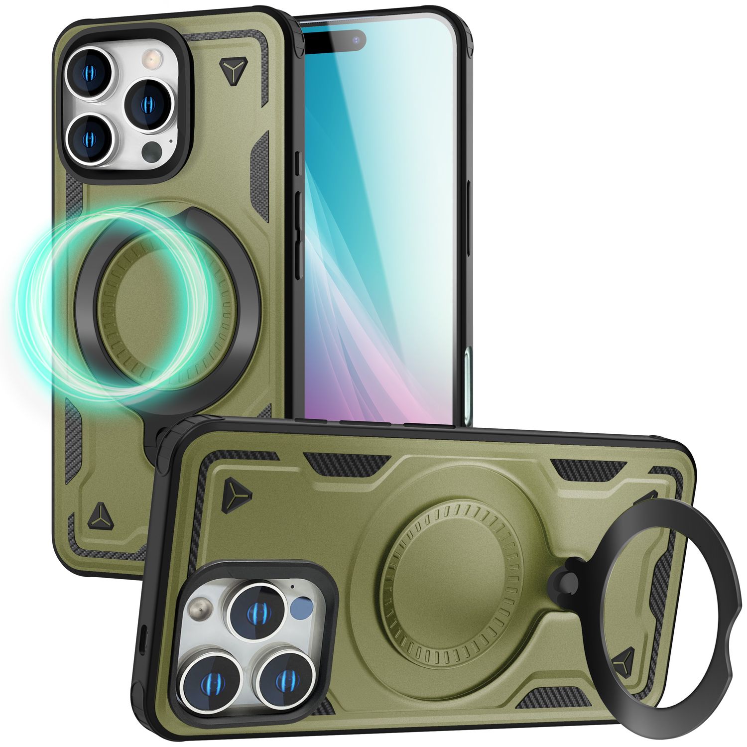 NALIA Stormguard für iPhone 16 Pro Max Hülle [für MagSafe], Stoßfestes Panzer Case, 360° Rotierbarer Ringhalter, Bruchsicher, Starker MagPower Magnet, Armor Schutz Titan Grün NALIA Outdoor Hülle