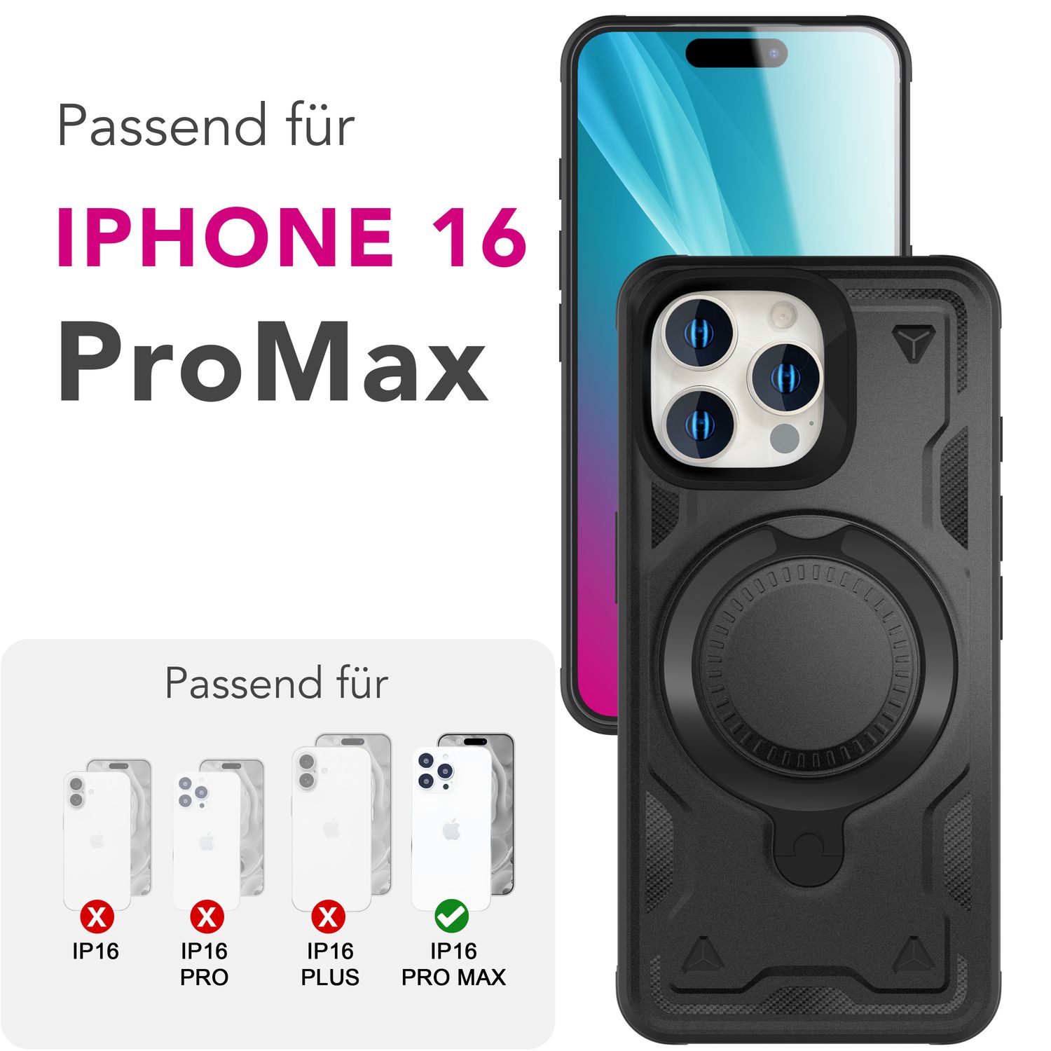 NALIA Stormguard für iPhone 16 Pro Max Hülle [für MagSafe], Stoßfestes Panzer Case, 360° Rotierbarer Ringhalter, Bruchsicher, Starker MagPower Magnet, Armor Schutz Titan Schwarz NALIA Outdoor Hülle