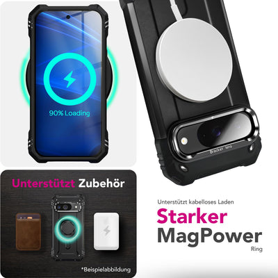NALIA Magnetische Panzerhülle für Google Pixel 9 – MagSafe kompatibel & Kamera-Stand – GRANITE (Outdoor Schutzhülle Stoßfest) – Marke aus Berlin Vulkanschwarz NALIA Outdoor Hülle