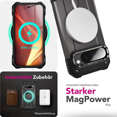 NALIA Magnetische Panzerhülle für Google Pixel 9 Pro XL – MagSafe kompatibel & Kamera-Stand – GRANITE (Outdoor Schutzhülle Stoßfest) – Marke aus Berlin Sturmgrau NALIA Outdoor Hülle