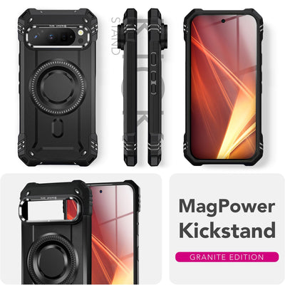 NALIA Magnetische Panzerhülle für Google Pixel 9 Pro XL – MagSafe kompatibel & Kamera-Stand – GRANITE (Outdoor Schutzhülle Stoßfest) – Marke aus Berlin Vulkanschwarz NALIA Outdoor Hülle