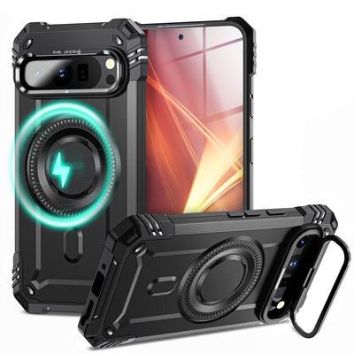 NALIA Magnetische Panzerhülle für Google Pixel 9 Pro XL – MagSafe kompatibel & Kamera-Stand – GRANITE (Outdoor Schutzhülle Stoßfest) – Marke aus Berlin Vulkanschwarz NALIA Outdoor Hülle