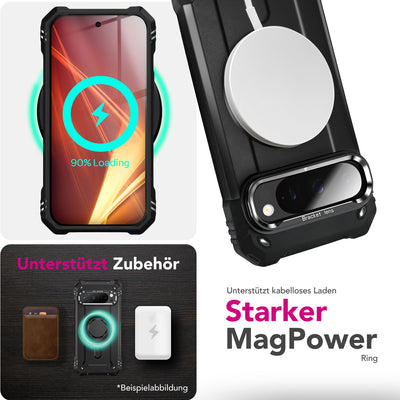NALIA Magnetische Panzerhülle für Google Pixel 9 Pro XL – MagSafe kompatibel & Kamera-Stand – GRANITE (Outdoor Schutzhülle Stoßfest) – Marke aus Berlin Vulkanschwarz NALIA Outdoor Hülle