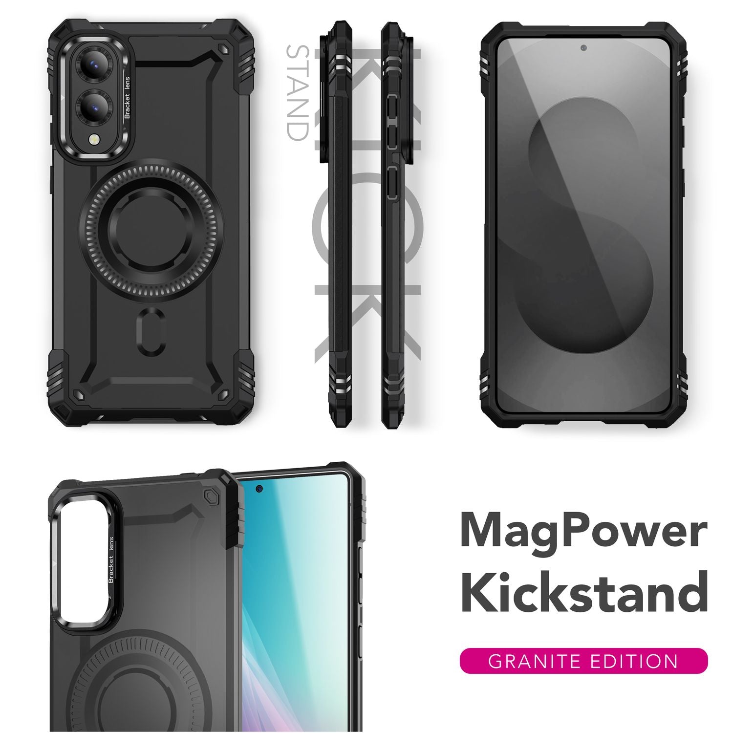 NALIA Granite Hülle für Samsung Galaxy S25 Edge – für MagSafe, Panzerhülle, Extrem Robust, Militär Schutzklasse, Kamera Standfuß, Integrierter Magnet-Ring, Schlagfest