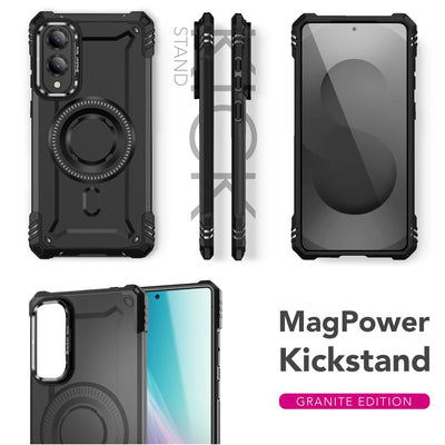 NALIA Magnetische Panzerhülle für Samsung Galaxy S25 Edge – MagSafe kompatibel & Kamera-Stand – GRANITE (Outdoor Schutzhülle Stoßfest) – Marke aus Berlin Vulkanschwarz NALIA Outdoor Hülle