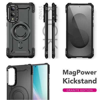 NALIA Magnetische Panzerhülle für Samsung Galaxy S25 Edge – MagSafe kompatibel & Kamera-Stand – GRANITE (Outdoor Schutzhülle Stoßfest) – Marke aus Berlin Sturmgrau NALIA Outdoor Hülle