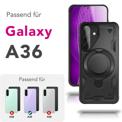 NALIA Magnetische Panzerhülle für Samsung Galaxy A36 – Ring-Halterung 360° & MagSafe kompatibel – STORMGUARD (Outdoor Case) – Marke aus Berlin Vulkanschwarz NALIA Outdoor Hülle