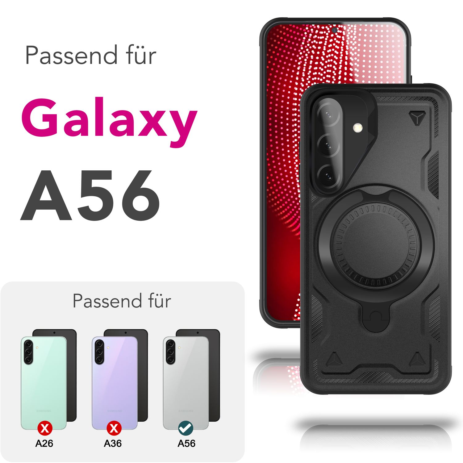 NALIA Stormguard Hülle für Samsung Galaxy A56 – für MagSafe, Panzerschutz Handyhülle mit 360° Drehbarem Ring, Kickstand, Stoßfestes Outdoor Case, Militär Schutzhülle Vulkanschwarz NALIA Outdoor Hülle
