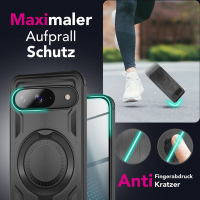NALIA Magnetische Panzerhülle für Google Pixel 9 – Ring-Halterung 360° & MagSafe kompatibel – STORMGUARD (Outdoor Case) – Marke aus Berlin Vulkanschwarz NALIA Outdoor Hülle