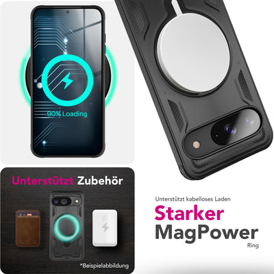 NALIA Magnetische Panzerhülle für Google Pixel 9 – Ring-Halterung 360° & MagSafe kompatibel – STORMGUARD (Outdoor Case) – Marke aus Berlin Vulkanschwarz NALIA Outdoor Hülle