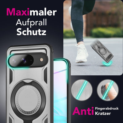 NALIA Magnetische Panzerhülle für Google Pixel 9 – Ring-Halterung 360° & MagSafe kompatibel – STORMGUARD (Outdoor Case) – Marke aus Berlin Sturmsilber NALIA Outdoor Hülle