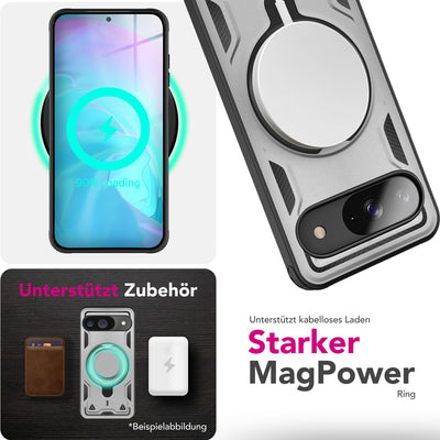 NALIA Magnetische Panzerhülle für Google Pixel 9 – Ring-Halterung 360° & MagSafe kompatibel – STORMGUARD (Outdoor Case) – Marke aus Berlin Sturmsilber NALIA Outdoor Hülle