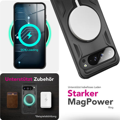 NALIA Magnetische Panzerhülle für Google Pixel 9 Pro XL – Ring-Halterung 360° & MagSafe kompatibel – STORMGUARD (Outdoor Case) – Marke aus Berlin Vulkanschwarz NALIA Outdoor Hülle