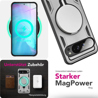 NALIA Magnetische Panzerhülle für Google Pixel 9 Pro XL – Ring-Halterung 360° & MagSafe kompatibel – STORMGUARD (Outdoor Case) – Marke aus Berlin Sturmsilber NALIA Outdoor Hülle