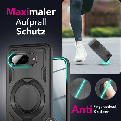 NALIA Magnetische Panzerhülle für Google Pixel 9a – Ring-Halterung 360° & MagSafe kompatibel – STORMGUARD (Outdoor Case) – Marke aus Berlin