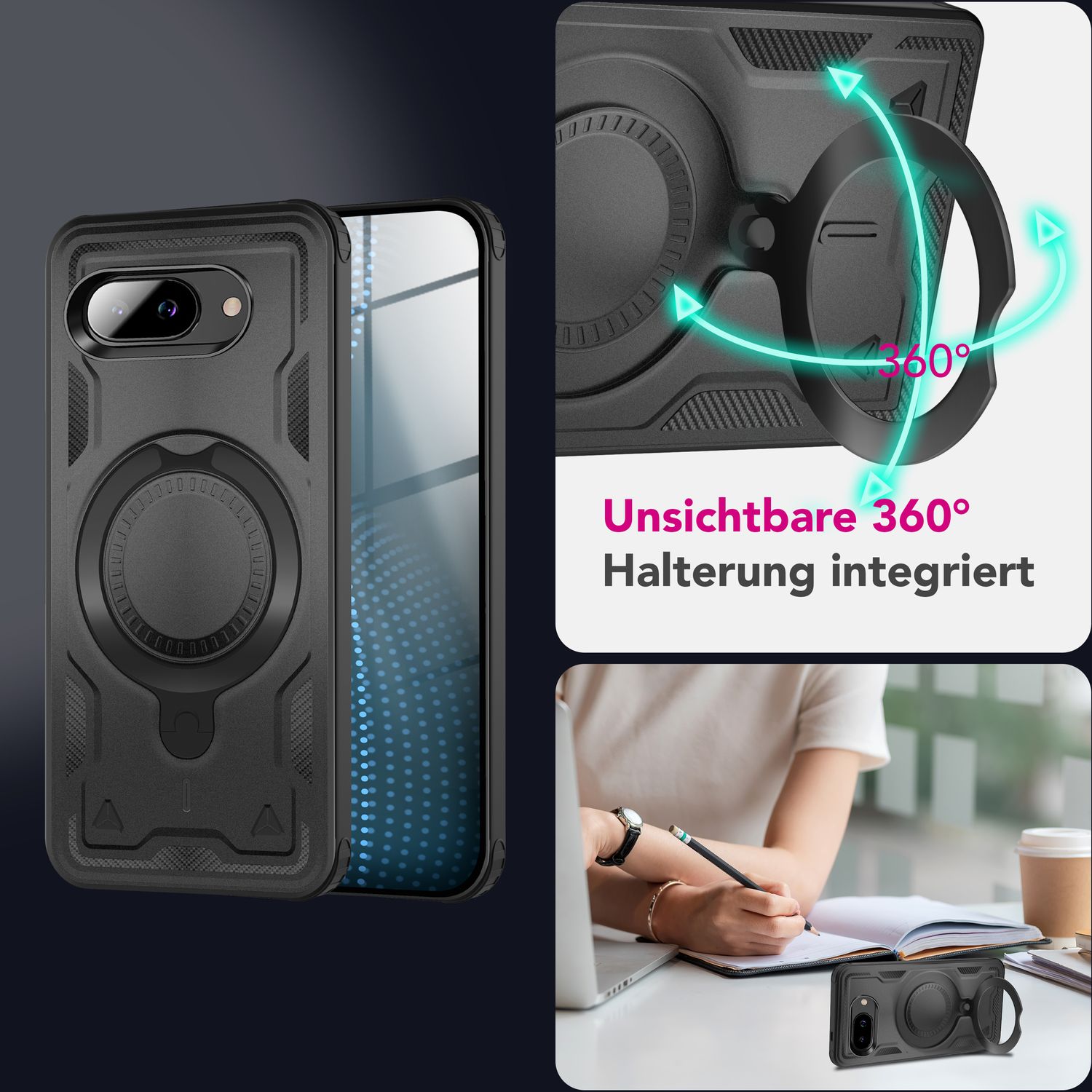 NALIA Stormguard Hülle für Google Pixel 9a – Handyhülle für MagSafe, Panzerschutz mit 360° Ring für Stand & Finger-Halter, Stoßfestes Cover für Outdoor, Military Case