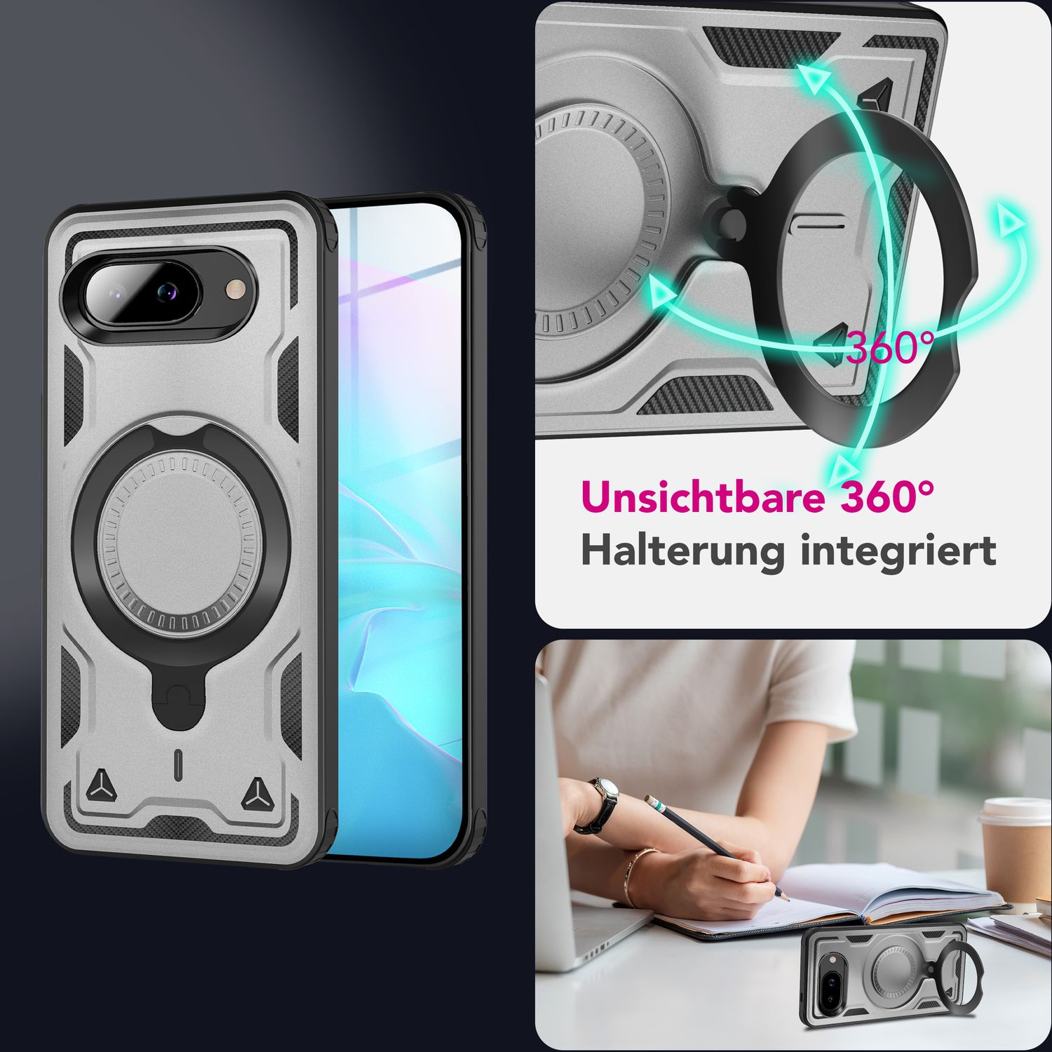 NALIA Stormguard Hülle für Google Pixel 9a – Handyhülle für MagSafe, Panzerschutz mit 360° Ring für Stand & Finger-Halter, Stoßfestes Cover für Outdoor, Military Case