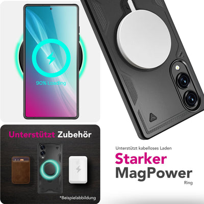 NALIA Magnetische Panzerhülle für Samsung Galaxy S25 Edge – Ring-Halterung 360° & MagSafe kompatibel – STORMGUARD (Outdoor Case) – Marke aus Berlin Vulkanschwarz NALIA Outdoor Hülle