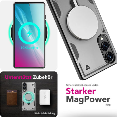 NALIA Magnetische Panzerhülle für Samsung Galaxy S25 Edge – Ring-Halterung 360° & MagSafe kompatibel – STORMGUARD (Outdoor Case) – Marke aus Berlin Sturmsilber NALIA Outdoor Hülle