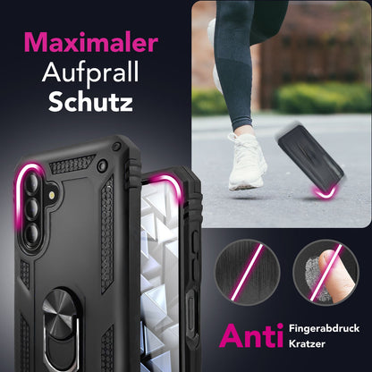 NALIA RingDefend Hülle für Samsung Galaxy A26 – Robuste Panzerhülle mit 360° Drehbarem Metallring, Kickstand & Finger-Halter, Stoßfeste Outdoor Schutzhülle, Rutschfest - Schwarz