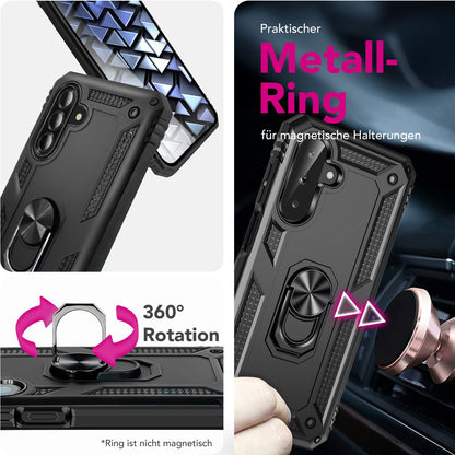 NALIA RingDefend Hülle für Samsung Galaxy A26 – Robuste Panzerhülle mit 360° Drehbarem Metallring, Kickstand & Finger-Halter, Stoßfeste Outdoor Schutzhülle, Rutschfest - Schwarz