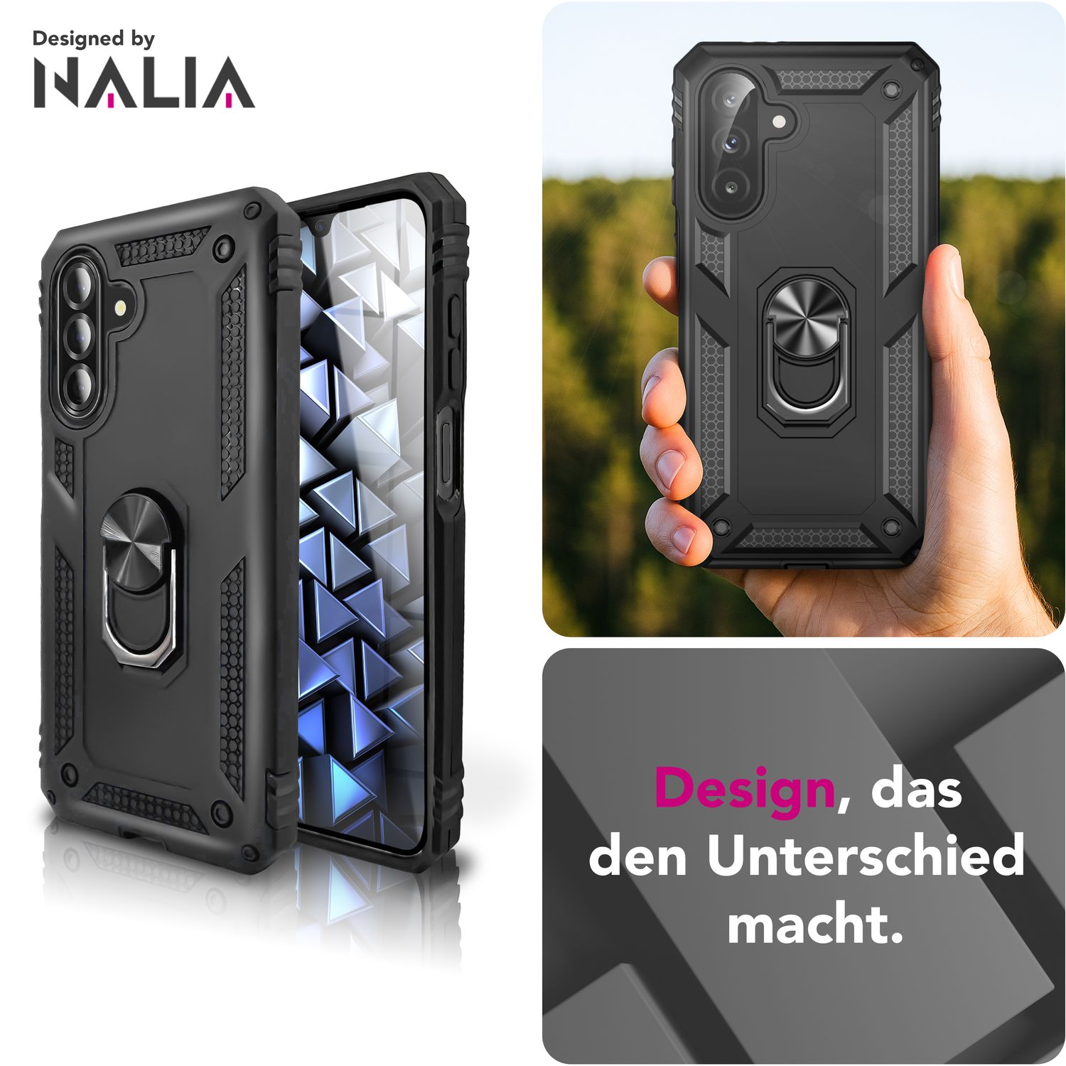 NALIA RingDefend Hülle für Samsung Galaxy A26 – Robuste Panzerhülle mit 360° Drehbarem Metallring, Kickstand & Finger-Halter, Stoßfeste Outdoor Schutzhülle, Rutschfest - Schwarz