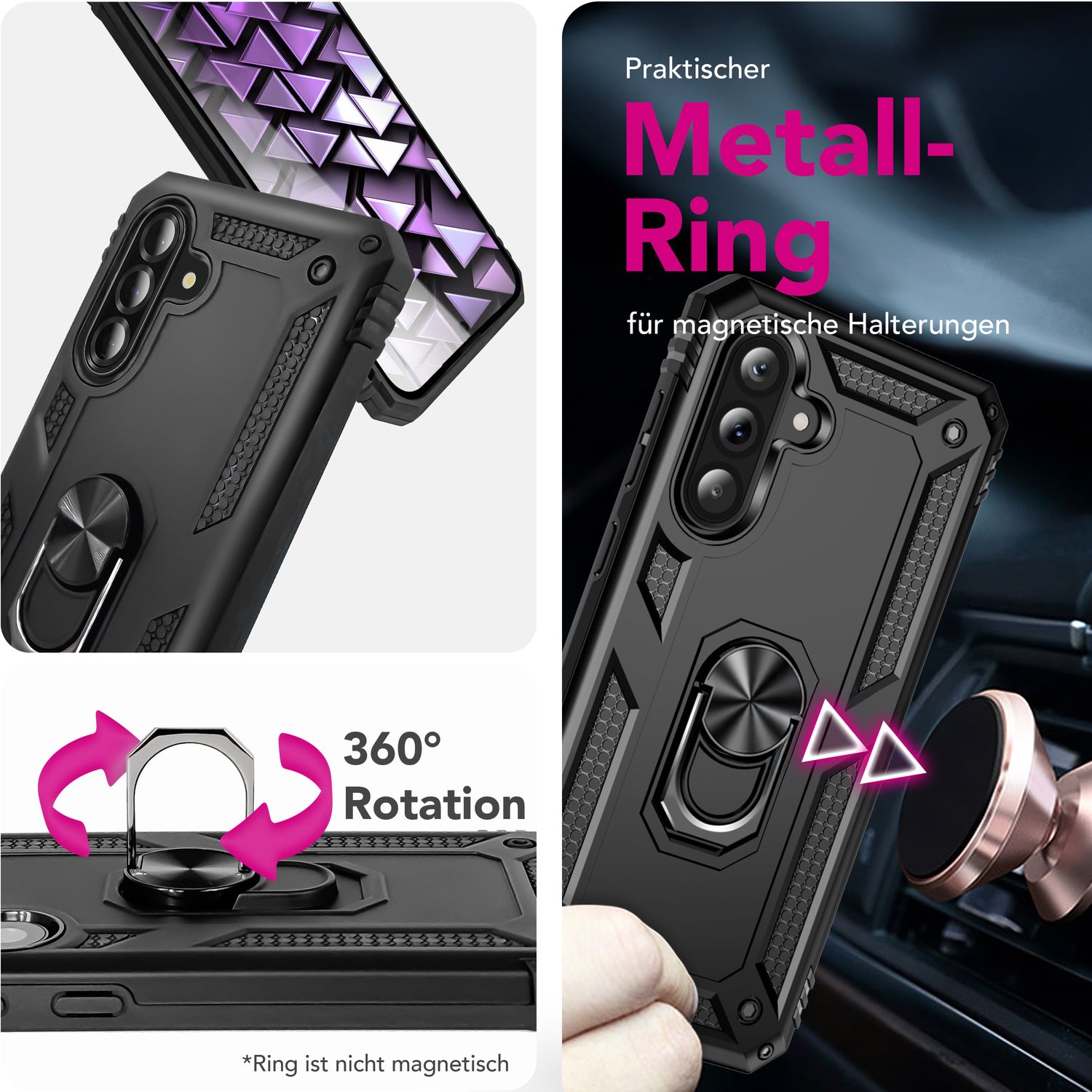 NALIA RingDefend Hülle für Samsung Galaxy A36 – Militärische Panzer Handyhülle mit 360° Metallring & Kickstand, Stoßfestes Armor Cover mit Grip, Outdoor Schutzhülle - Schwarz