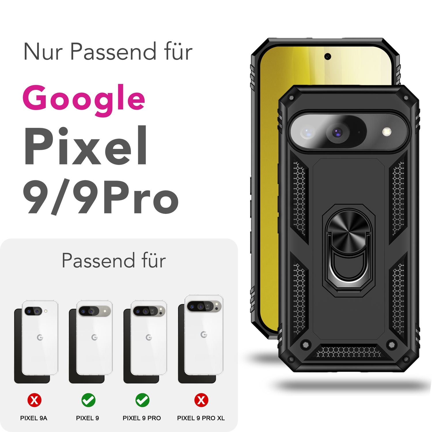 NALIA RingDefend Hülle für Google Pixel 9 – Taktische Handyhülle mit 360° Metall-Ringhalter, Rutschfestes Dual-Layer Case, Kickstand Hardcover mit Kantenschutz & Grip - Schwarz Default Title NALIA Outdoor Hülle